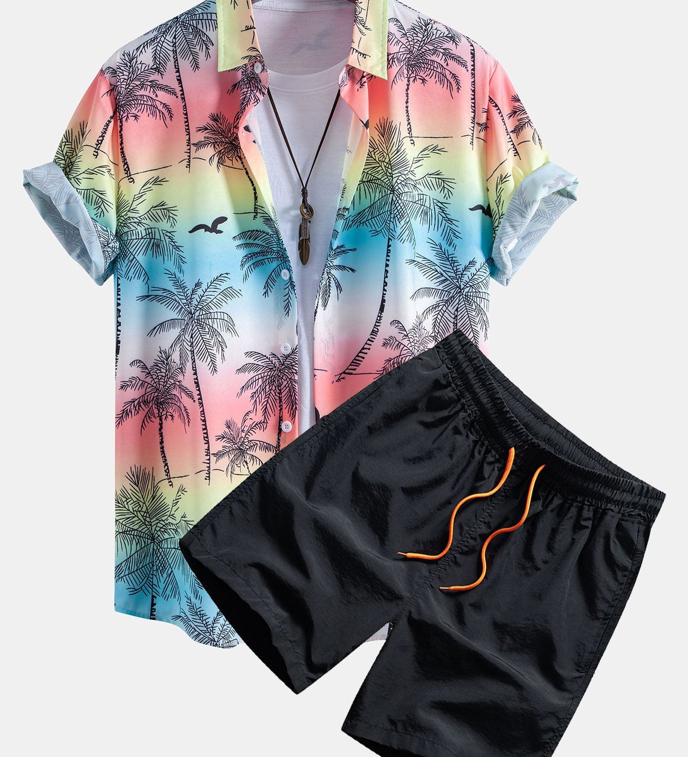 Button-Up Shirt with Palm Tree and Seagull Print & Men's Mid-Length Drawstring Swim Shorts