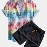 Button-Up Shirt with Palm Tree and Seagull Print & Men's Mid-Length Drawstring Swim Shorts