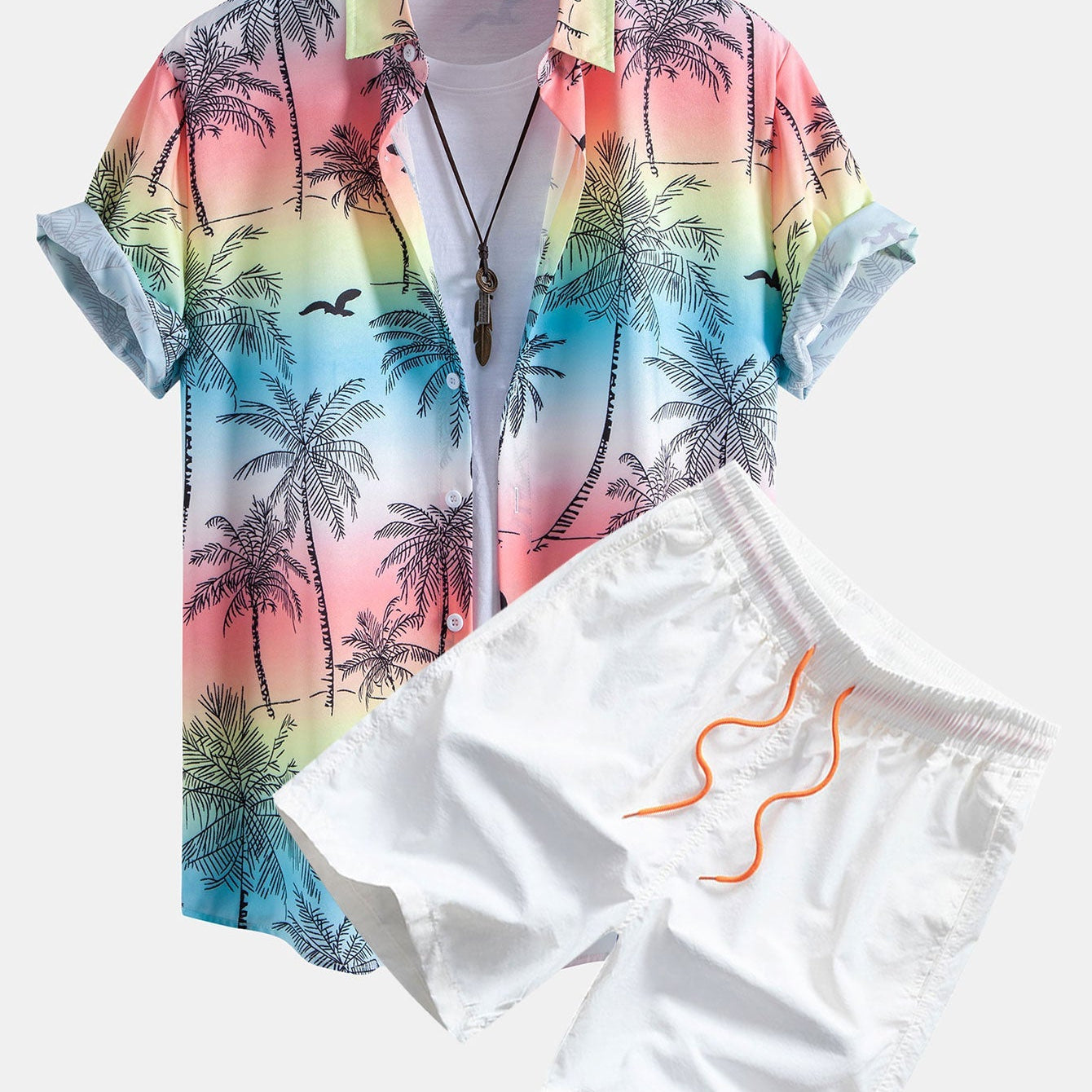 Button-Up Shirt with Palm Tree and Seagull Print & Men's Mid-Length Drawstring Swim Shorts