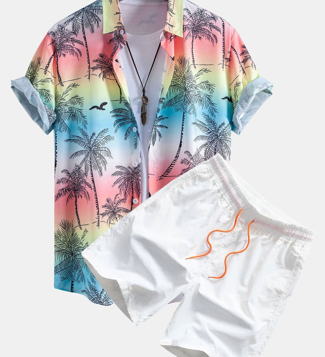 Button-Up Shirt with Palm Tree and Seagull Print & Men's Mid-Length Drawstring Swim Shorts