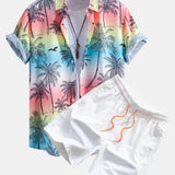 Button-Up Shirt with Palm Tree and Seagull Print & Men's Mid-Length Drawstring Swim Shorts