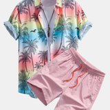 Button-Up Shirt with Palm Tree and Seagull Print & Men's Mid-Length Drawstring Swim Shorts