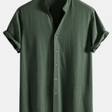 Short Sleeve Stand Collar Shirt in Linen-Rayon Blend