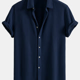 Waffle Textured Button-Up Shirt & Linen-Cotton Blend Drawstring Shorts