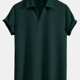 V-Neck Ribbed Polo with Short Sleeves & Straight Leg Ribbed Trousers