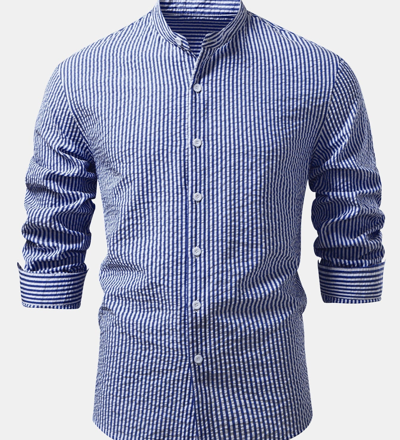 Striped Seersucker Stand Collar Shirt