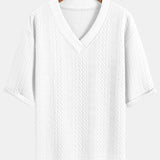 Relaxed Fit Geometric Jacquard V-Neck T-Shirt with Three-Quarter Sleeves and Shorts