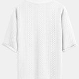Relaxed Fit Geometric Jacquard V-Neck T-Shirt with Three-Quarter Sleeves and Shorts