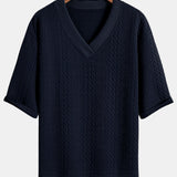 Relaxed Fit Geometric Jacquard V-Neck T-Shirt with Three-Quarter Sleeves and Shorts