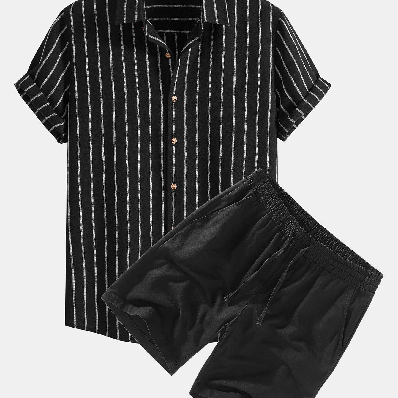 Striped Button-Up Shirt in Cotton Blend with Linen Drawstring Shorts