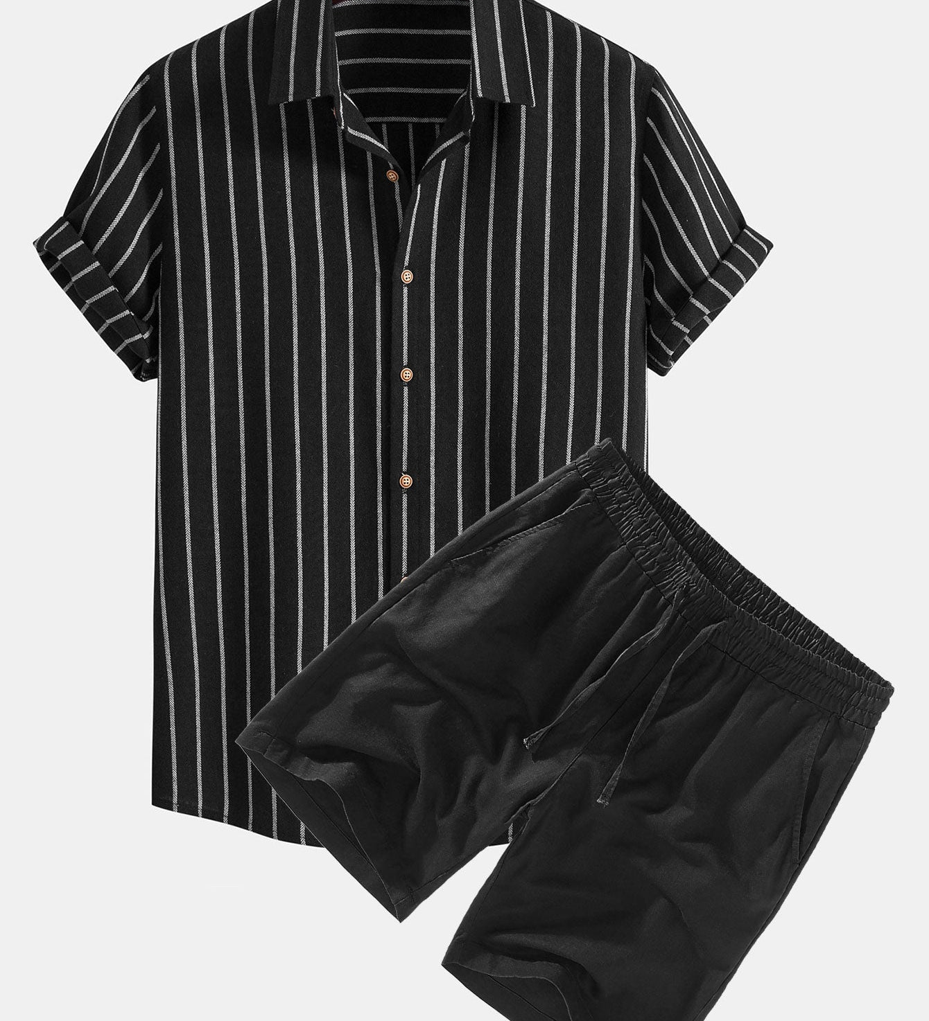 Striped Button-Up Shirt in Cotton Blend with Linen Drawstring Shorts