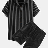 Striped Button-Up Shirt in Cotton Blend with Linen Drawstring Shorts