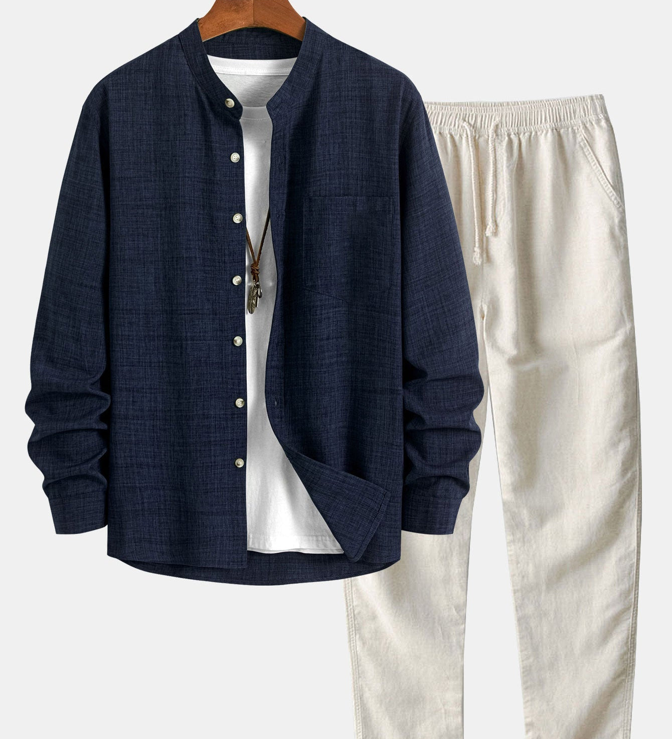 Long Sleeve Stand Collar Top with Straight Leg Linen Trousers