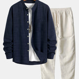 Long Sleeve Stand Collar Top with Straight Leg Linen Trousers