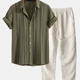 Geometric Striped Jacquard Button Up Shirt & Straight Leg Linen Pants