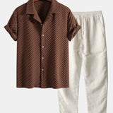 Houndstooth Jacquard Cuban Collar Shirt with Straight-Leg Linen Trousers