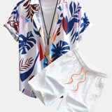 Vibrant Leaf Pattern Button-Up Shirt with Matching Swim Shorts