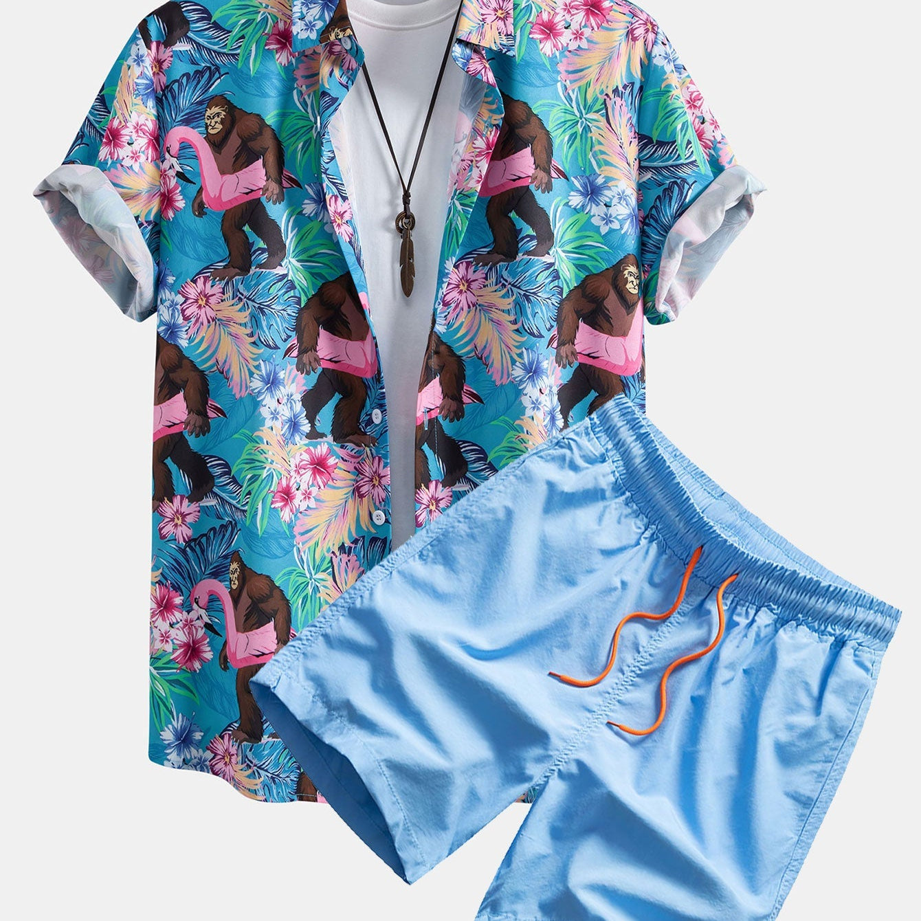 Tropical Print Button-Up Shirt and Swim Shorts Featuring Orangutans