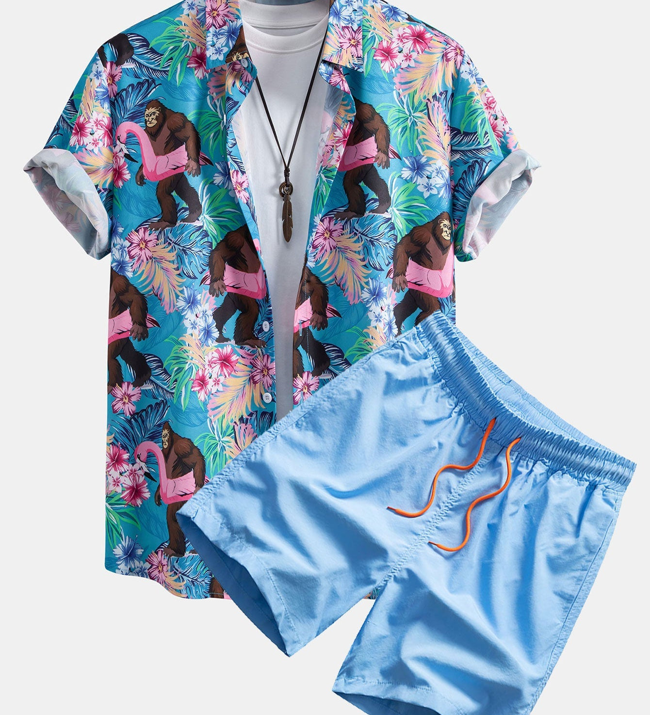 Tropical Print Button-Up Shirt and Swim Shorts Featuring Orangutans