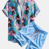 Tropical Print Button-Up Shirt and Swim Shorts Featuring Orangutans