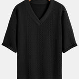 Relaxed Fit Geometric Jacquard V-Neck T-Shirt with Three-Quarter Sleeves and Shorts