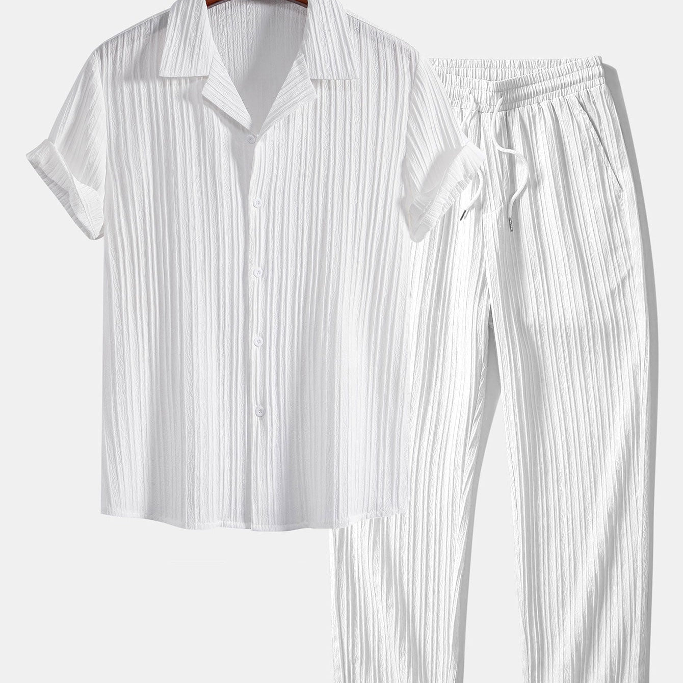 Striped Jacquard Cuban Collar Shirt with Straight-Leg Trousers
