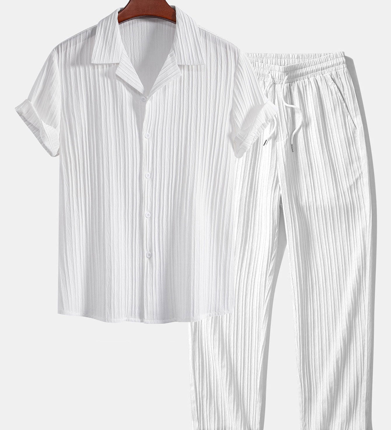 Striped Jacquard Cuban Collar Shirt with Straight-Leg Trousers