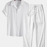 Striped Jacquard Cuban Collar Shirt with Straight-Leg Trousers