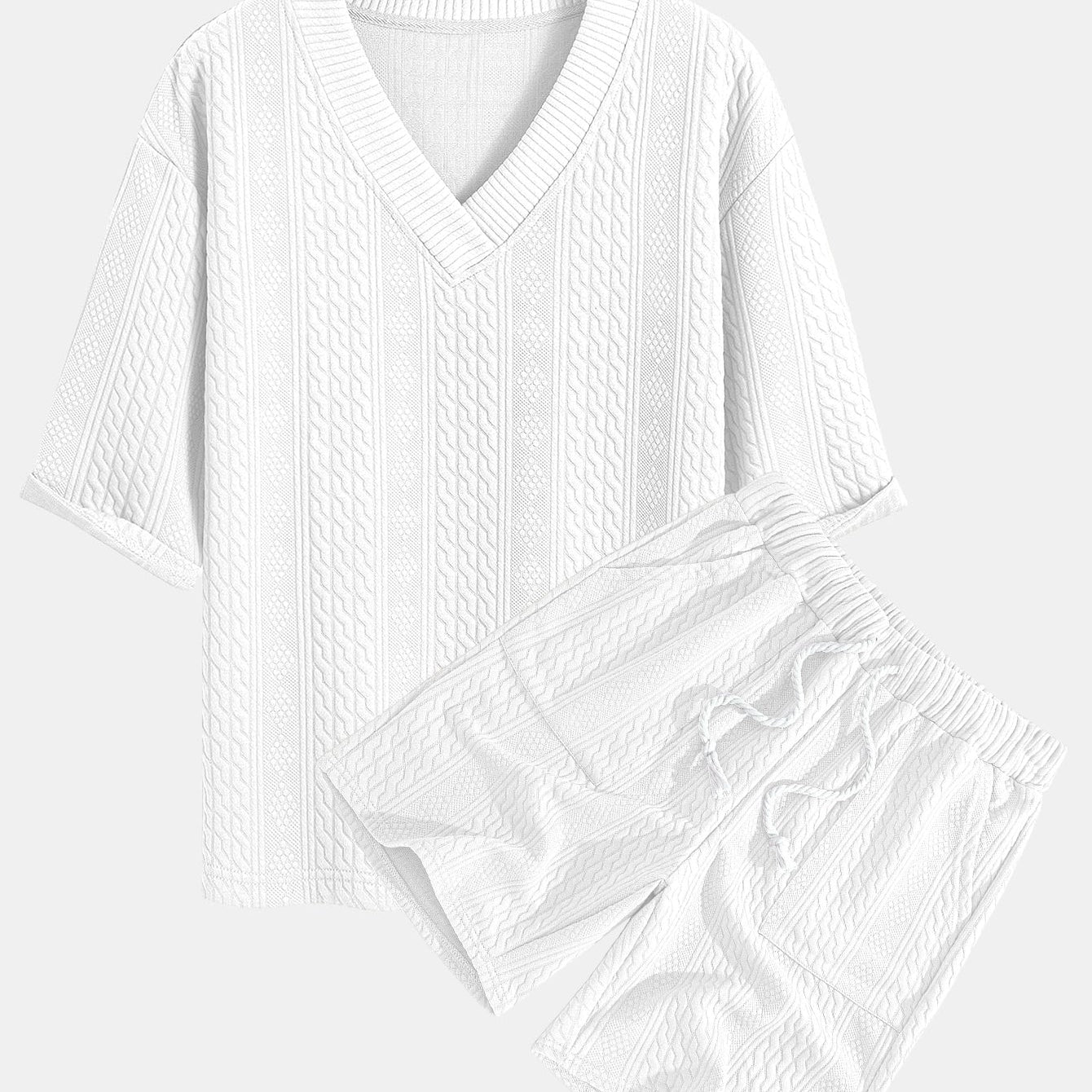 Relaxed Fit Geometric Jacquard V-Neck T-Shirt with Three-Quarter Sleeves and Shorts