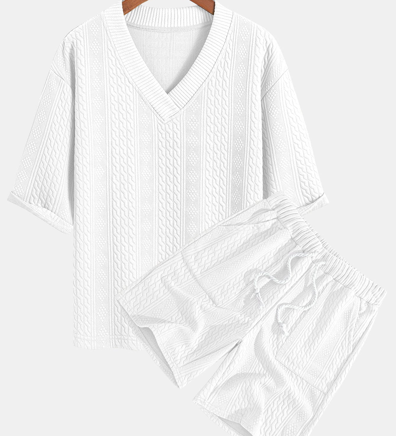 Relaxed Fit Geometric Jacquard V-Neck T-Shirt with Three-Quarter Sleeves and Shorts