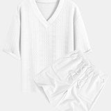 Relaxed Fit Geometric Jacquard V-Neck T-Shirt with Three-Quarter Sleeves and Shorts