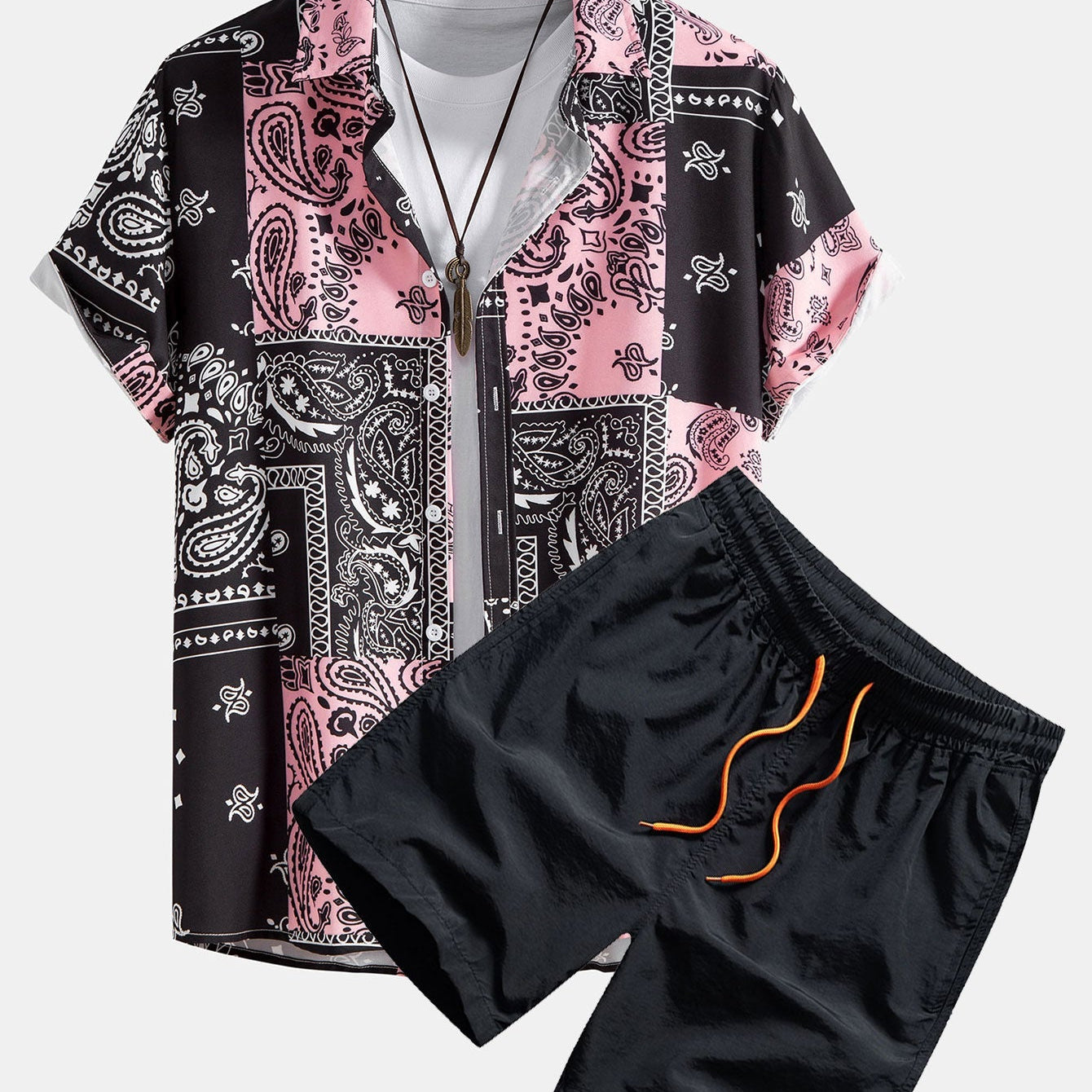 Paisley Print Button-Up Shirt with Matching Swim Shorts - Unique Pattern Design