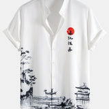 Stand Collar Shirt with Ink Landscape Artwork