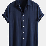 Button-Up Shirt and Drawstring Shorts Set in Linen-Rayon Blend