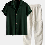 Cuban Collar Short Sleeve Knitted Waffle Shirt with Straight Leg Linen Trousers