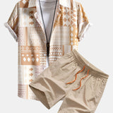 Tribal Geometric Patchwork Button-Up Shirt and Swim Shorts Set