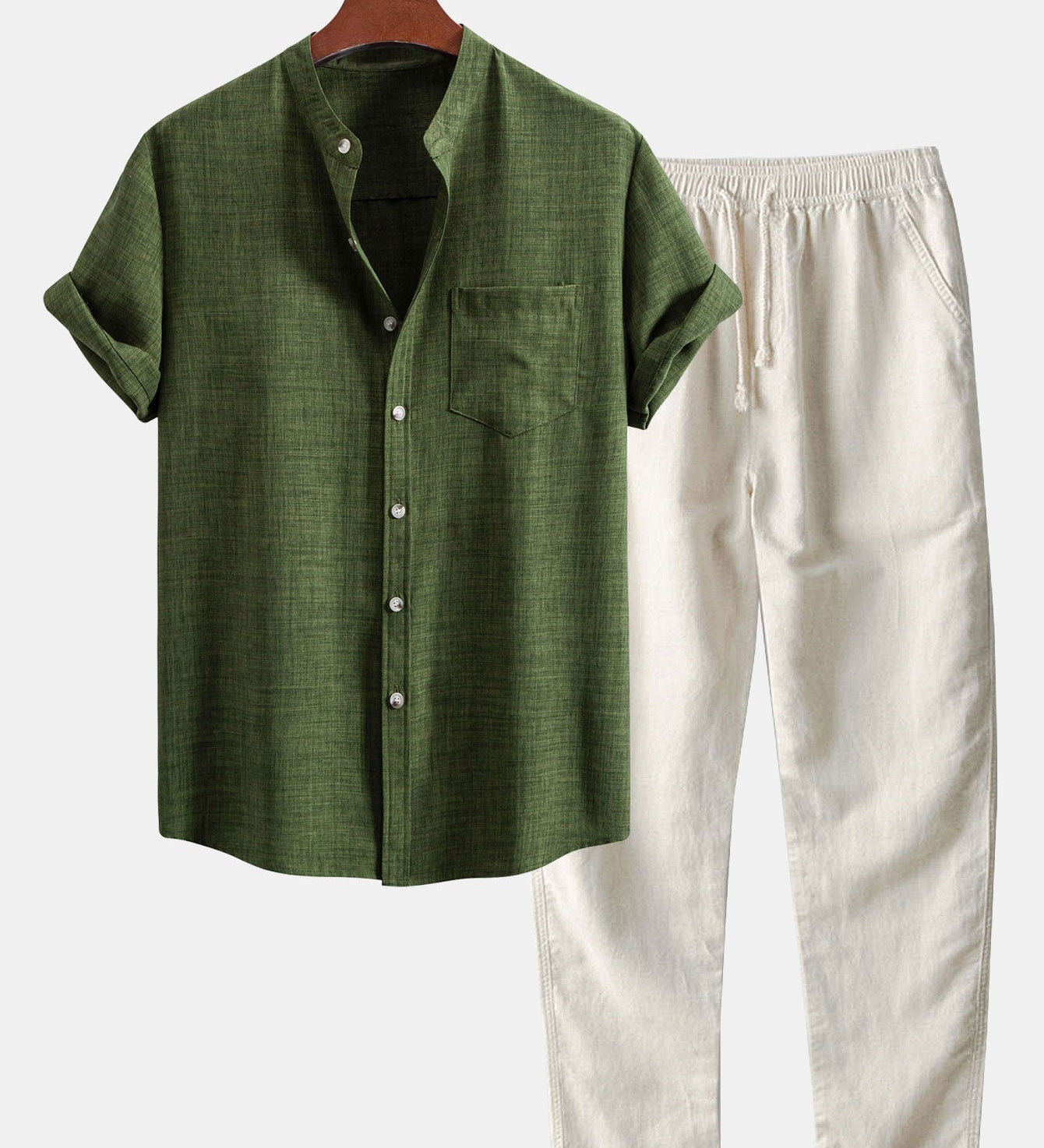 Short Sleeve Stand Collar Shirt with Straight Leg Linen Trousers