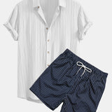Textured Button-Up Shirt with Wrinkle Finish & Striped Swim Shorts