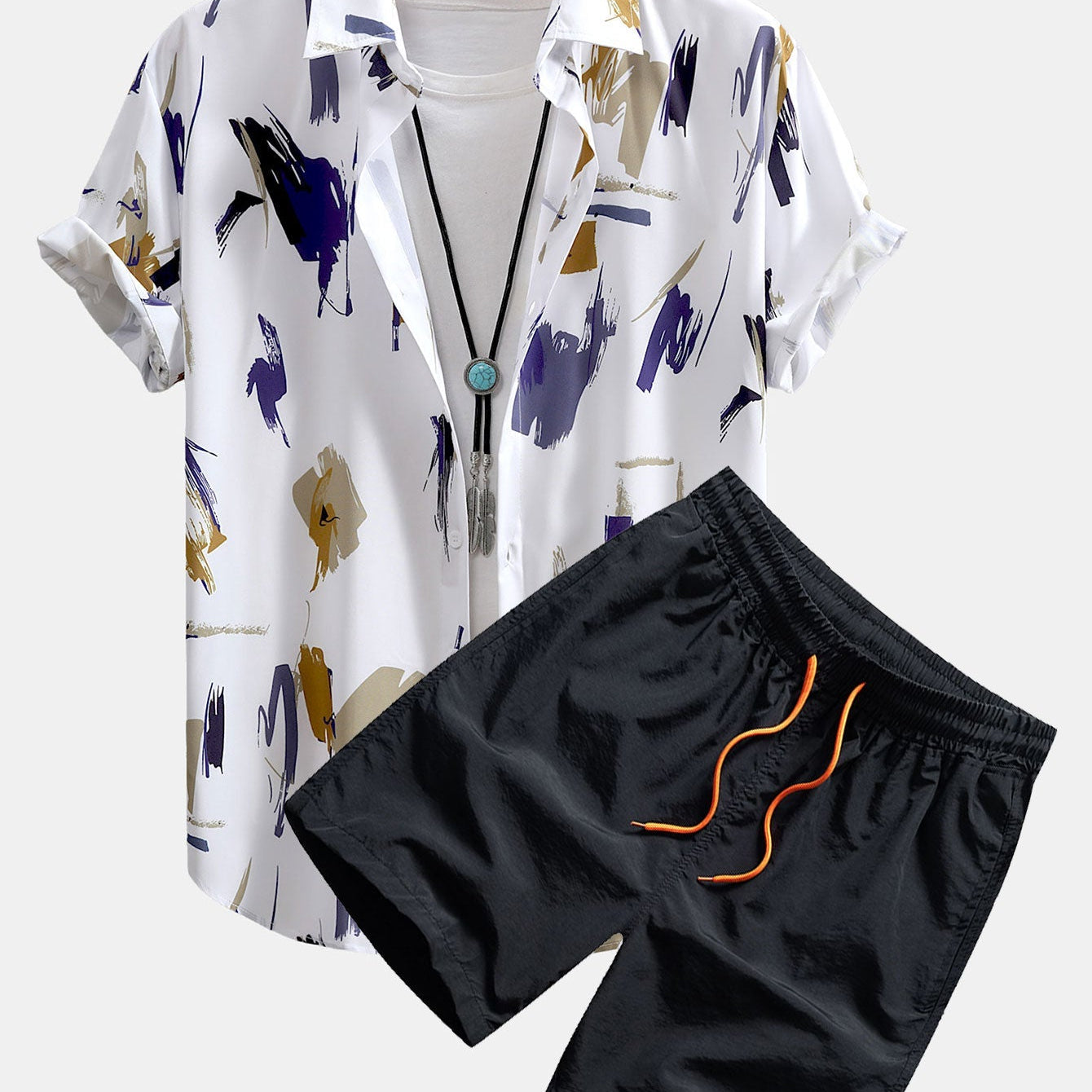Button-Up Shirt and Swim Shorts with Brushstroke Print