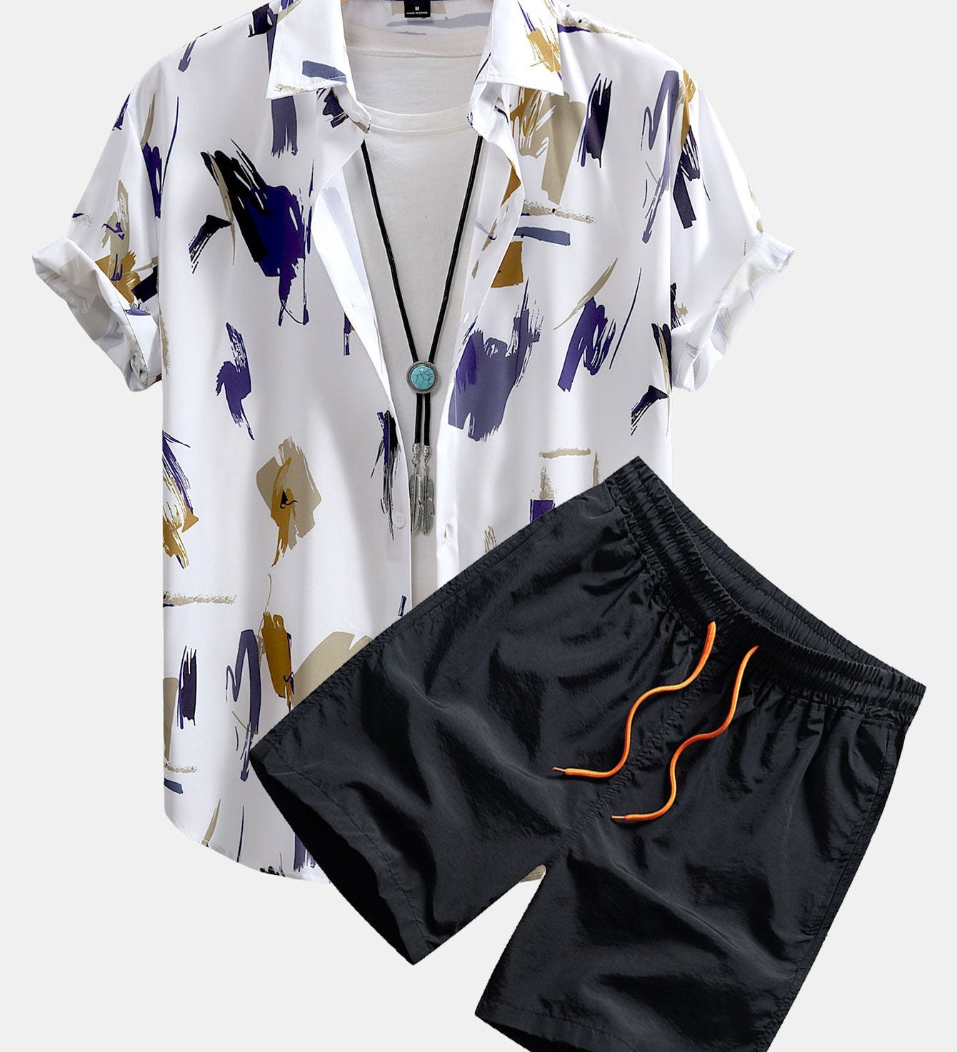 Button-Up Shirt and Swim Shorts with Brushstroke Print