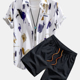 Button-Up Shirt and Swim Shorts with Brushstroke Print