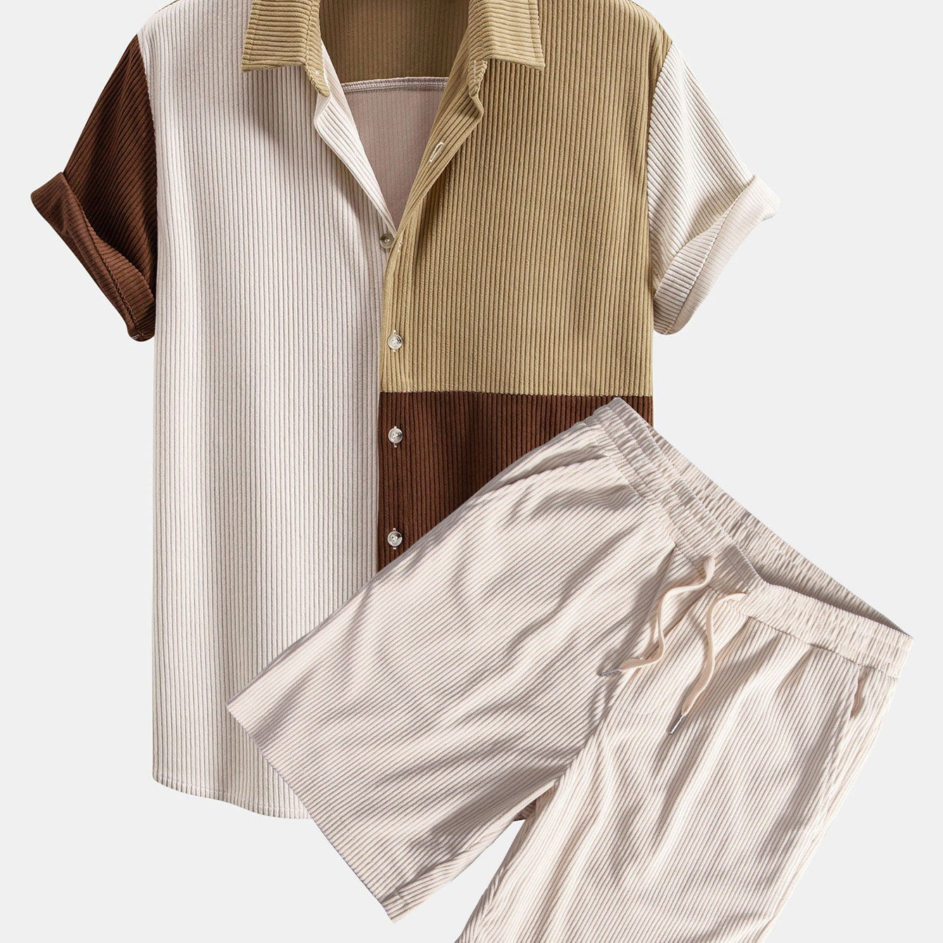 Colorblock Corduroy Button-Up Shirt with Matching Drawstring Shorts