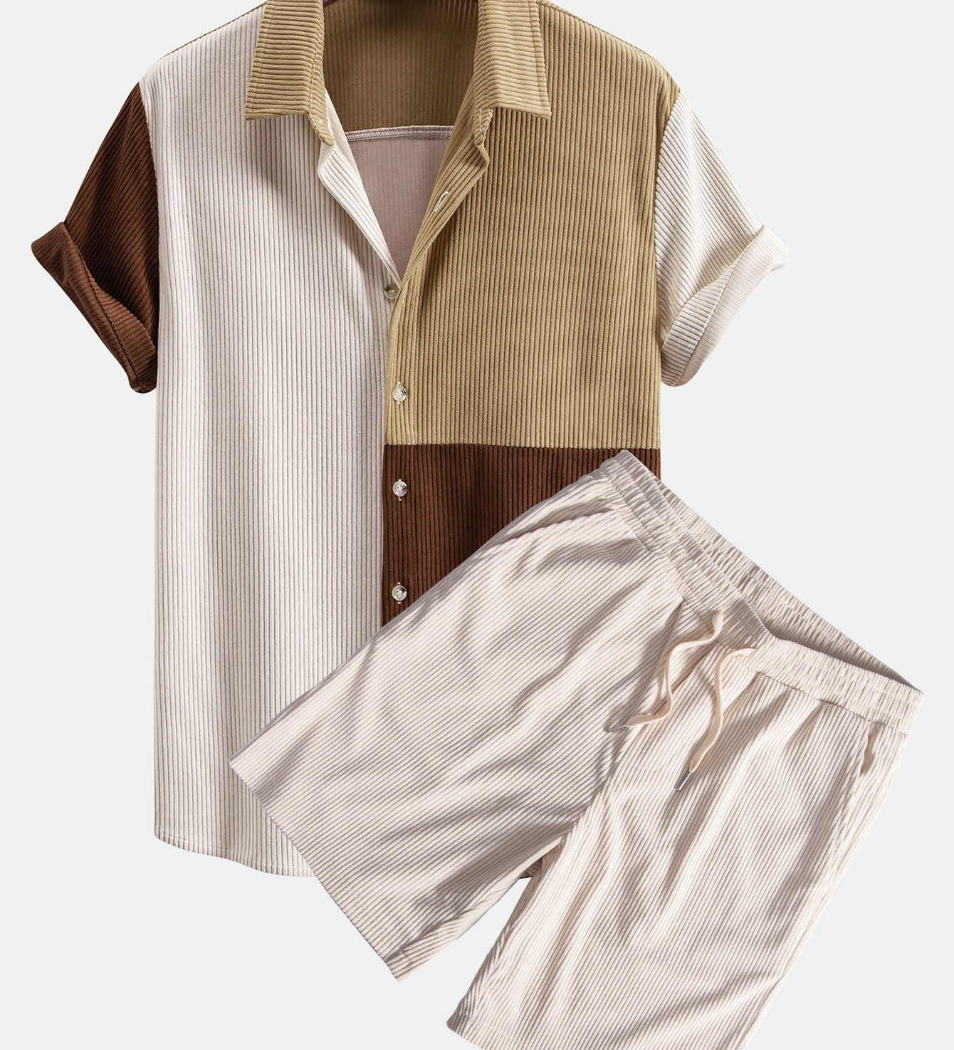 Colorblock Corduroy Button-Up Shirt with Matching Drawstring Shorts