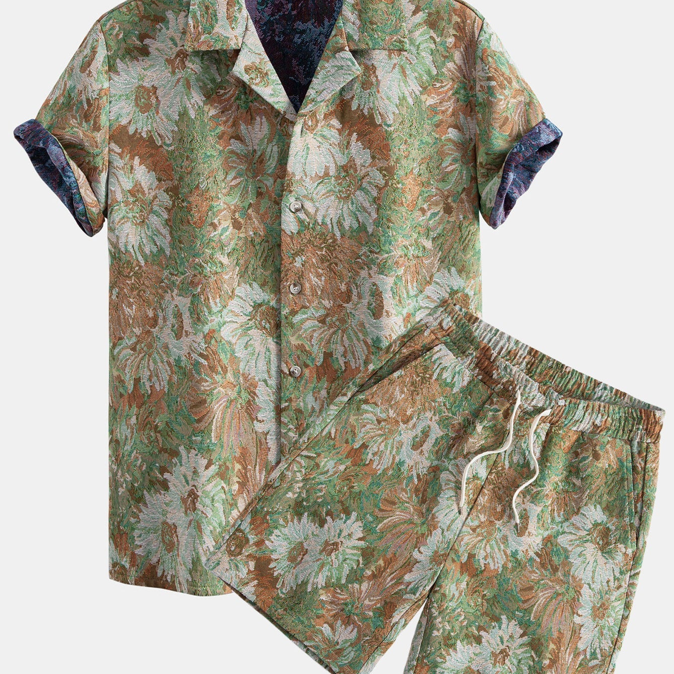 Floral Jacquard Cuban Shirt and Shorts Set