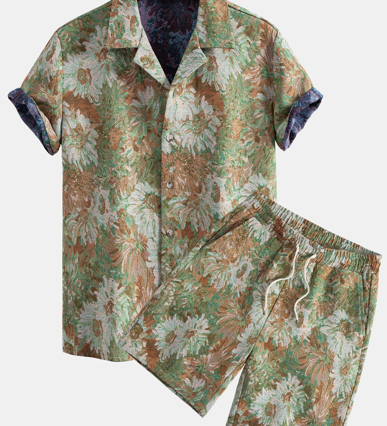 Floral Jacquard Cuban Shirt and Shorts Set