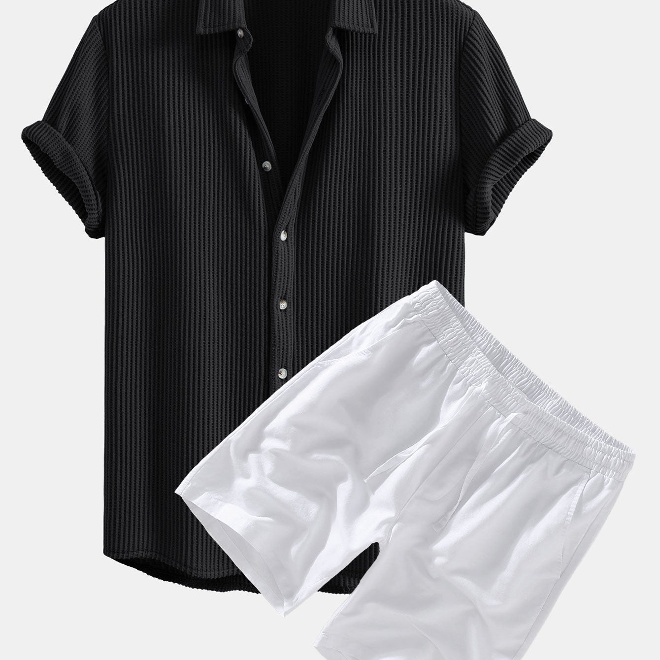 Waffle Textured Button-Up Shirt & Linen-Cotton Blend Drawstring Shorts