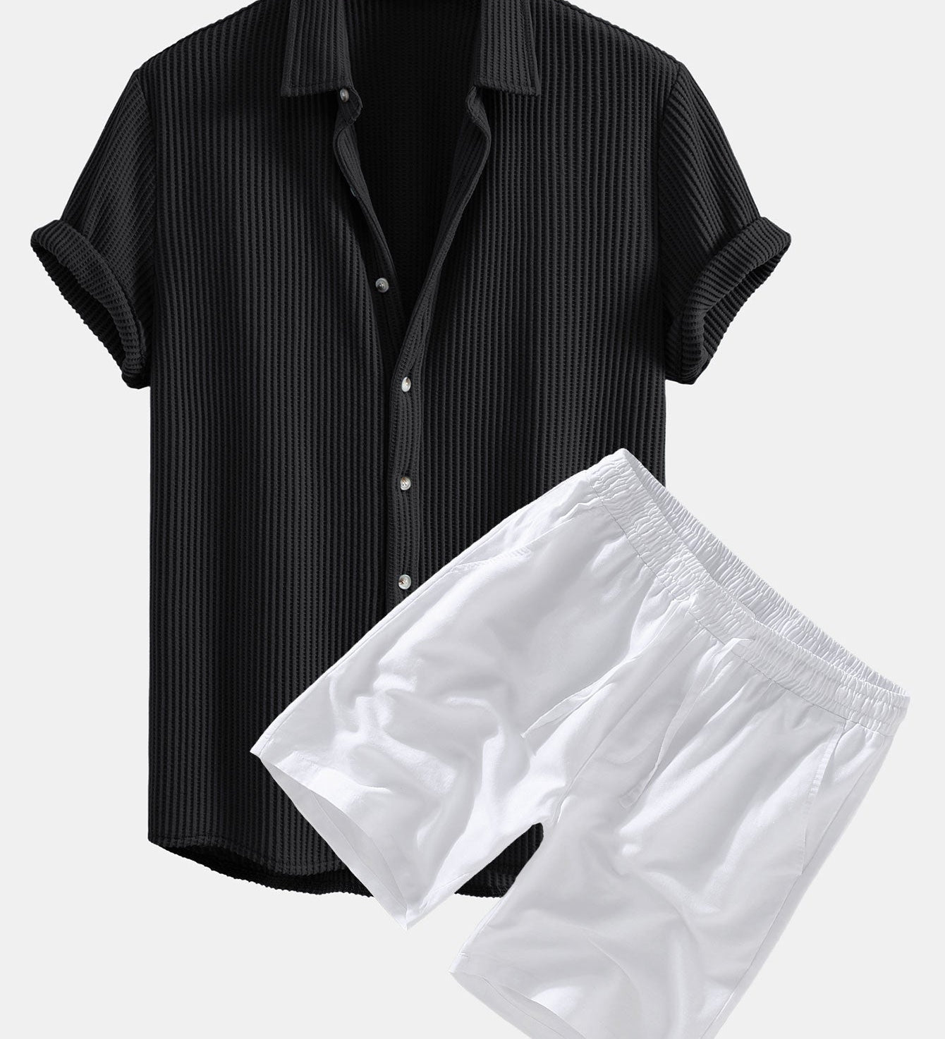 Waffle Textured Button-Up Shirt & Linen-Cotton Blend Drawstring Shorts