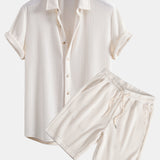 Waffle Texture Button-Up Shirt & Drawstring Waffle Shorts Set