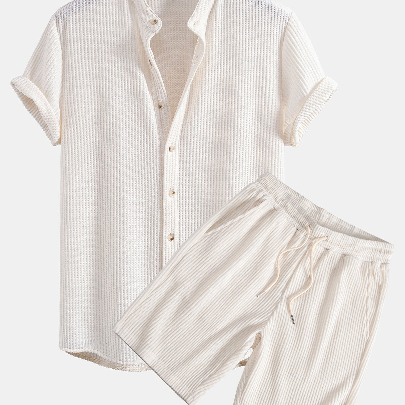 Waffle Textured Stand Collar Shirt with Drawstring Waffle Shorts