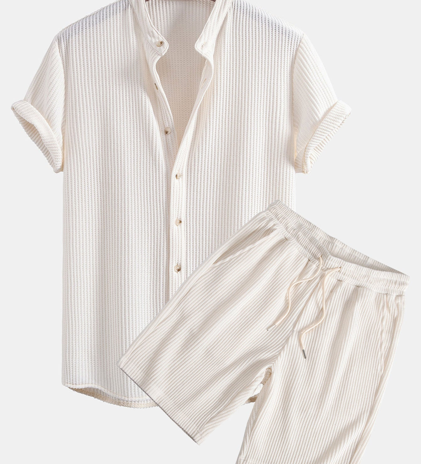 Waffle Textured Stand Collar Shirt with Drawstring Waffle Shorts